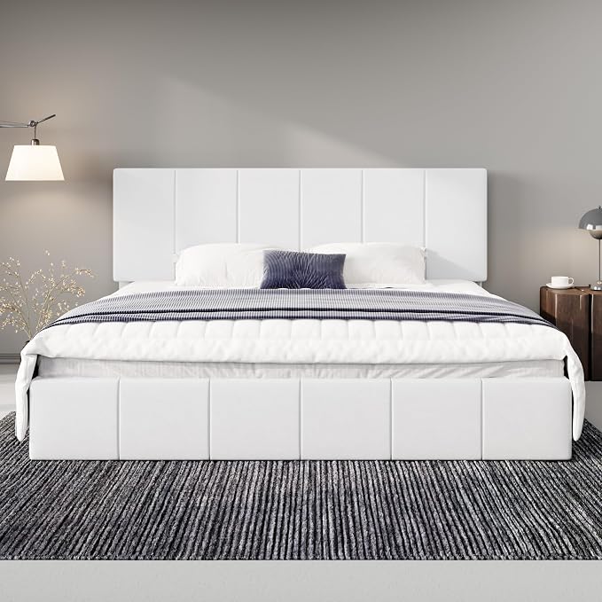 Allewie King Size Dutch Velvet Upholstered Platform Bed Frame/Vertical Channel Tufted Adjustable Headboard/Low Profile Bed Frame/No Box Spring Needed/Easy Assembly/White