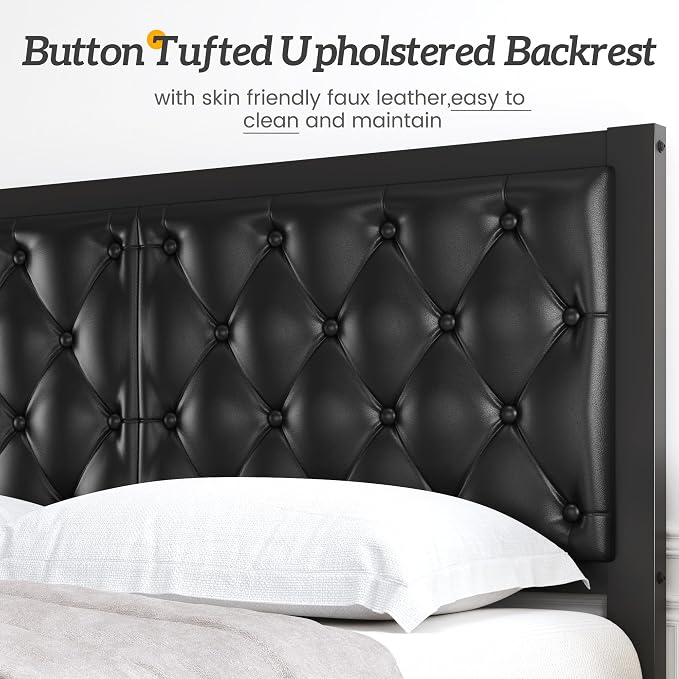 HISOFT Queen Bed Frame with Upholstered Button Tufted Headboard, Bed Frame Platform Metal Slats Support, Under Bed Storage, No Box Spring Needed, Noise-Free, Easy Assembly, Black