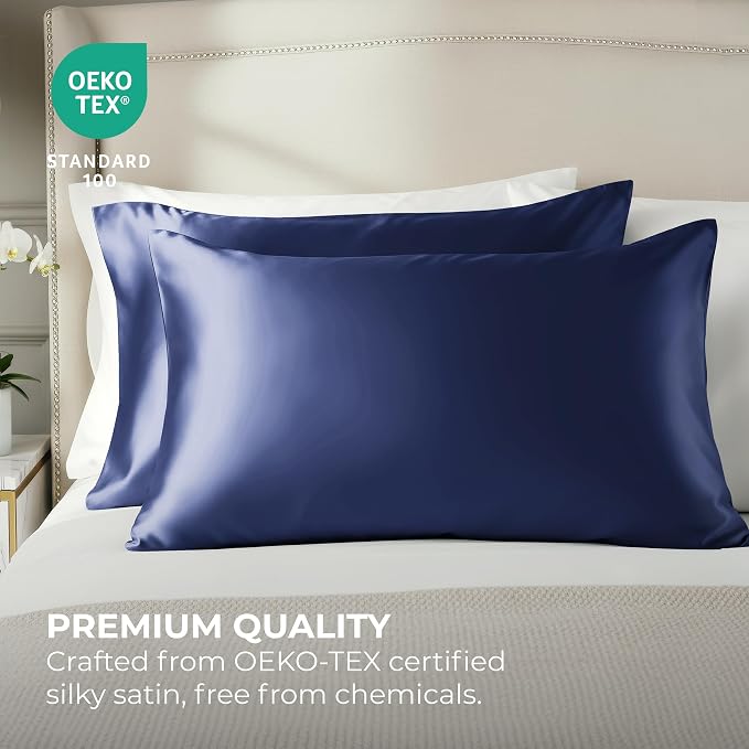 Pure Bedding Satin Pillowcase 2 Pack - Queen Size (20"x30", Midnight Blue) - Silky Pillow Cases for Hair and Skin - Satin Pillow Covers with Envelope Closure - Extra Soft Premium Microfiber