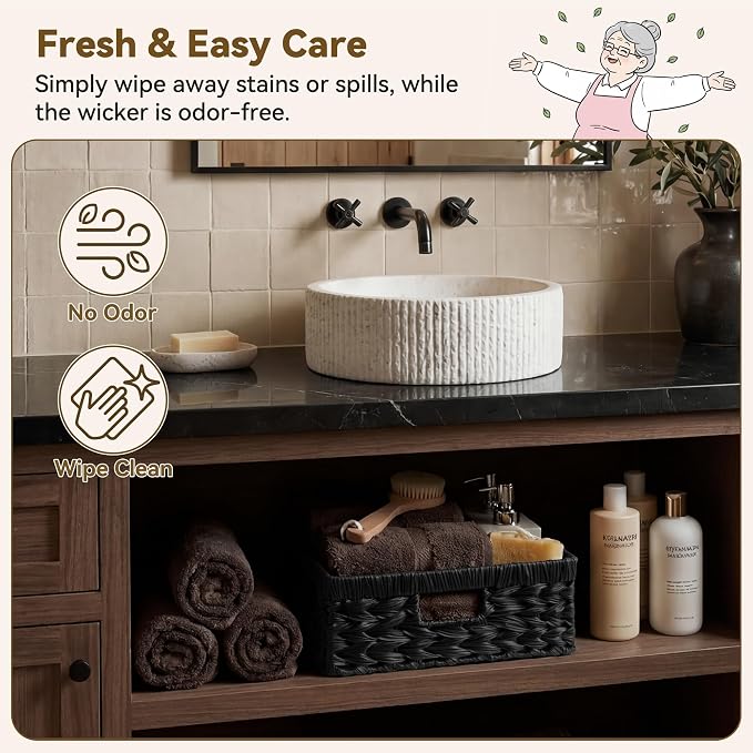 GRANNY SAYS Wicker Baskets for Organizing, Waterproof Black Basket, 1-Pack | Handwoven Wicker Storage Basket for Shelves, Woven Baskets for Pantry Storage, Large Shallow Basket, Black Wicker Basket