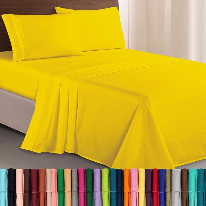 Elegant Comfort Luxurious 1500 Premium Hotel Quality Microfiber Three Line Embroidered Softest 4-Piece Bed Sheet Set, Wrinkle and Fade Resistant, Full, Yellow