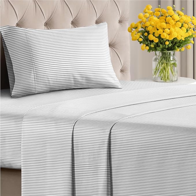Twin XL 3 Piece Striped Sheet Set - Soft, Breathable & Cooling - Fine Lines | 1 Flat, 1 Fitted & 1 Pillowcase w/ Deep Pockets, Luxury Striped Bedding, Soft, Breathable & Cooling, Wrinkle & Fade Free
