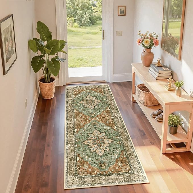 RELEANY Washable Area Rug, Runner 2'x6', Brick/Brown/Green | Non-Slip, Water Repellent, Pet Friendly, Easy to Clean, Vintage Floral Boho Decor for Kitchen Entry Bedroom Bedside Laundry