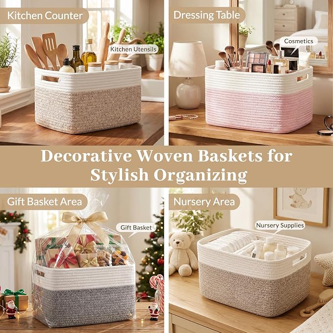 OIAHOMY 4 Pack Storage Basket, 13"x9"x7.8" Cotton Rope Baskets for Shelves, Closet Organizer for Bedroom & Living Room, Soft Decorative Bins for Organizing Towels, Books & Toys, Deep Brown & White