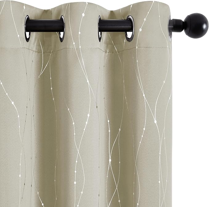 Deconovo 100% Blackout Living Room Curtains 84 Inches Long, Black Backing | Silver Line Foil Pattern Drapes, Thermal Insulated, Room Darkening, Grommet, 2 Panels Set, Light Beige, 42 x 84 Inch