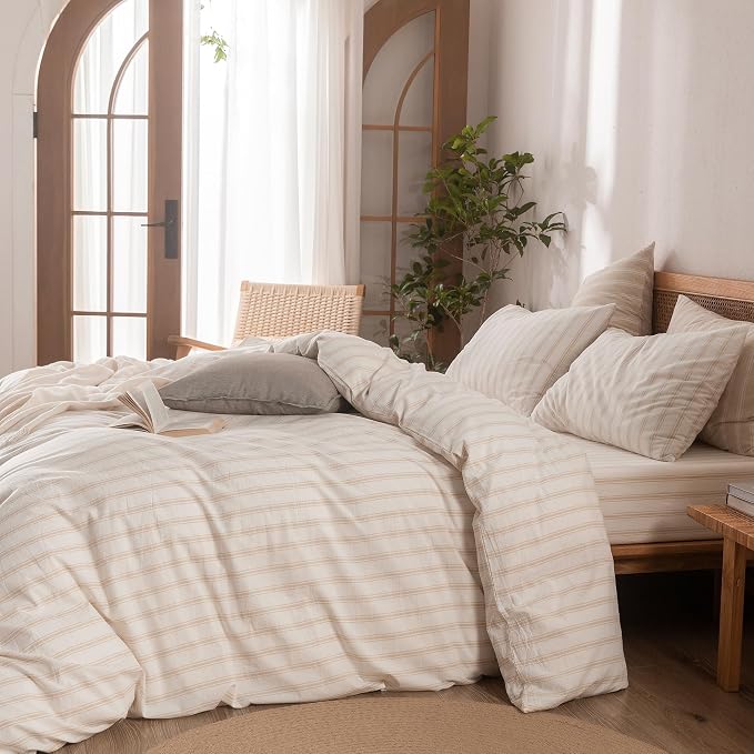 BESTOUCH Striped Cotton Duvet Cover Set Linen Feel California King | 100% Washed Cotton, Soft Wrinkle Texture, Hidden Zipper, 8 Ties, Breathable Lightweight Durable Comfy, 3 Pcs No Insert