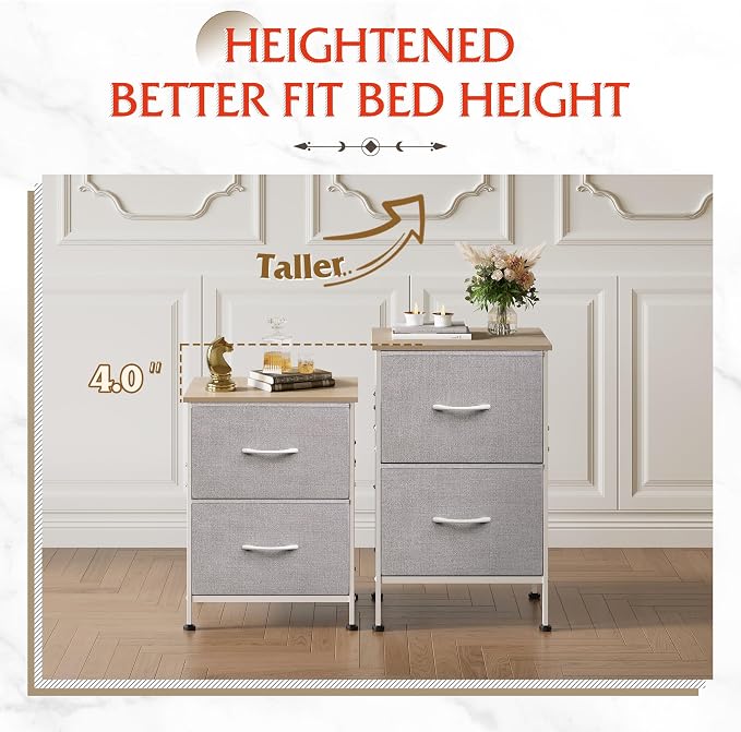 WLIVE Nightstand, Nightstand with 2 Drawers, Bedside Furniture, Night Stand, Small Dresser for Bedroom, College Dorm, End Table with Fabric Bins, Dormitory, Light Grey