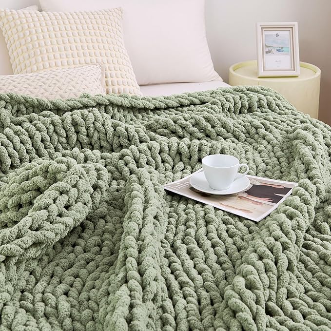 Chunky Knit Blanket Throw for Couch, 40"x50" Chunky Yarn Knitted Blankets | 100% Hand Knit Thick Chenille, Soft Breathable for Bed, Sofa, Home Decor, Cozy Gifts for Women Friends, Sage Green