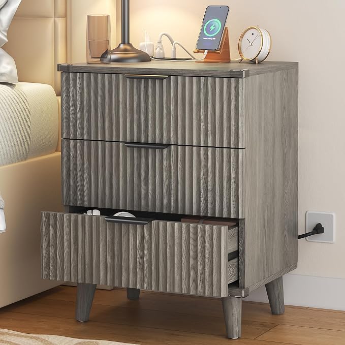 Wood Nightstands Set of 2 w/Charging Station, 3 Drawers Fluted Dresser | Dark Grey, Large Drawers, Metal Silent Rails, FSC Wooden, Sturdy Legs, Modern Fluted Panel, Living Room, Bedside Table