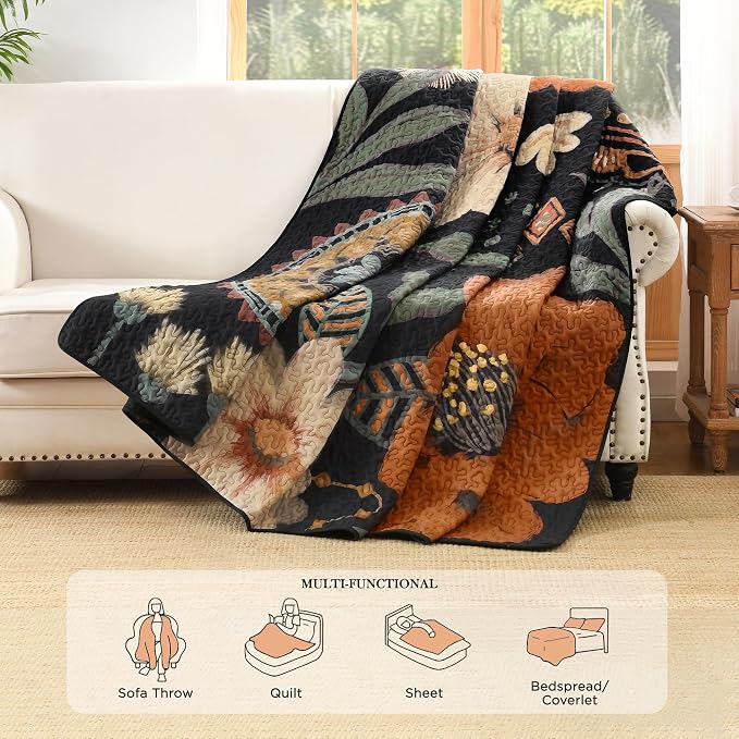 Quilt Queen Size, Black Floral Boho Summer Bedspread 3 Pieces | Brown Flower Botanical Summer Bedspreads with 2 Shams, Reversible Polyester Coverlet Set for All Seasons, 96"x90"