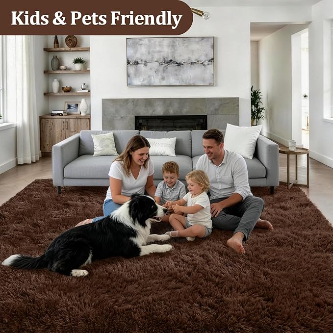 Area Rug Living Room Bedroom: 4x6 Fluffy Plush Shag Carpet Brown | For Kids Room Playroom Nursery Home Decor,Ultra Soft,Non-Slip Non-Shedding,Fuzzy Plush,Large Indoor Floor Carpet,Easy Clean