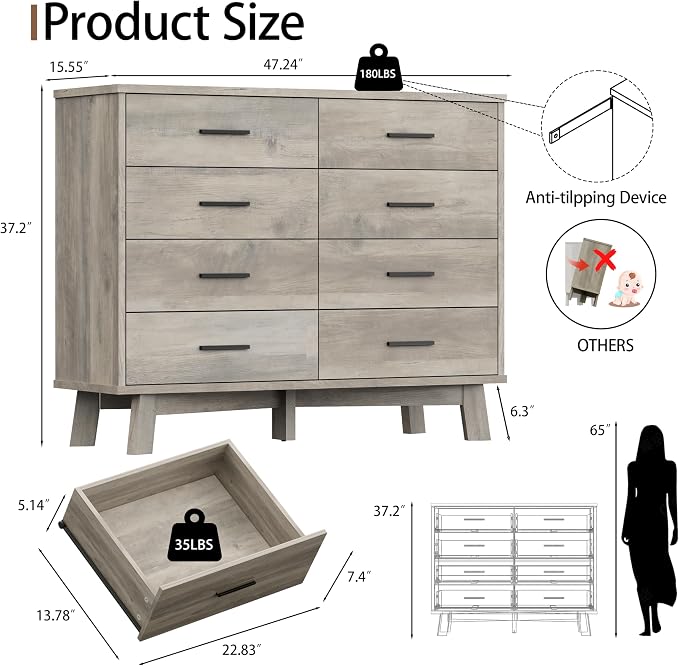 Xixini Dresser for Bedroom, 8 Drawer Wide Modern Chest of Drawers with X-Shaped Sturdy Base, Wood Double Dresser Closet Clothes Storage Organizer, Wooden TV Stand for Living Room, Hallway, Grey