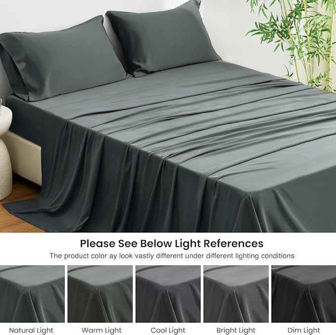 Love's cabin 4 Piece King Size Sheet Set, 100% Rayon Derived from Bamboo, Cooling & Breathable, Soft Silky Deep Pocket up to 16", Hotel Luxury Bedding for Hot Sleepers, Dark Grey