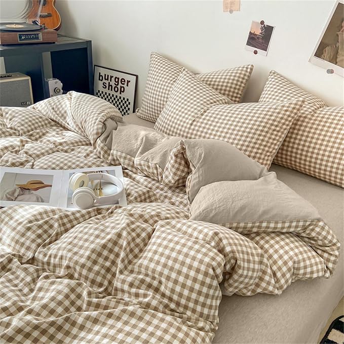 Nayoroom Gingham Duvet Cover Set Full Brown Tan Plaid Checkered Bedding | Reversible Farmhouse Dorm Bedding, Soft Breathable Washed Microfiber, All-Season Comfort, Hidden Zipper, 4 Corner Ties