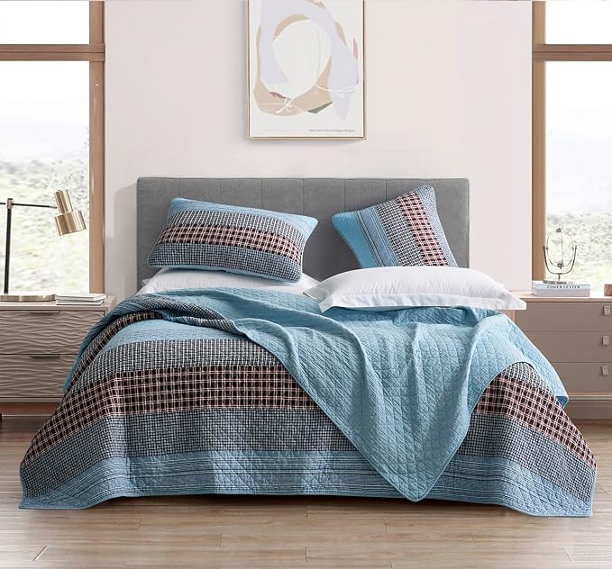 Chezmoi Collection Lincoln 3-Piece Pre-Washed Cotton Patchwork Quilt Set King - Solid Plaid Multi Striped Coverlet Set - Lightweight Reversible Bedspread Bedding Set King Size
