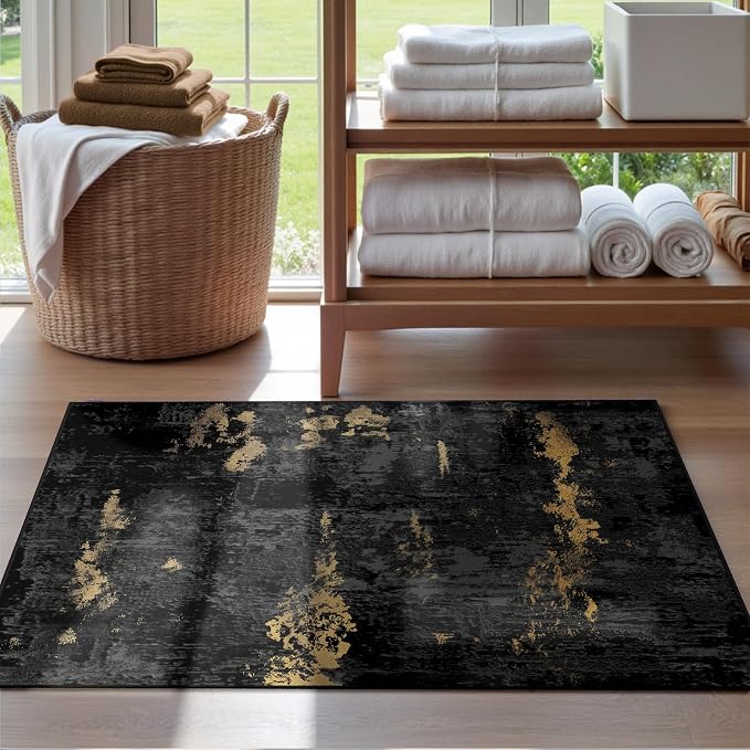 RELEANY Washable 2'x3' Abstract Area Rug for Living Room Black Gold | Carpet for Bedroom, Kitchen, Office, Hallway and Entryway, Printed Pattern, Non‑Slip, Soft, Stain‑Resistant, Easy to Clean