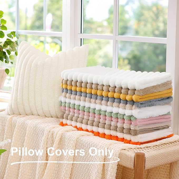 decorUhome Fall Faux Fur Throw Pillow Covers 18x18 Set of 2 Christmas Green | Decorative Soft Cozy Striped Plush Modern Farmhouse Boho Couch Pillow Cases Velvet Back for Sofa Bed Living Room Home Decor