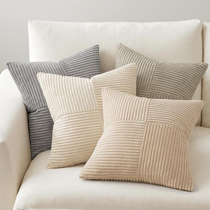MIULEE Neutral Decorative Throw Pillow Covers 20x20 Inch Set of 4 for Livingroom Couch Sofa Modern Farmhouse Soft Corduroy Cushion Cases Striped Patchwork Home Decor (Cream,Grey)