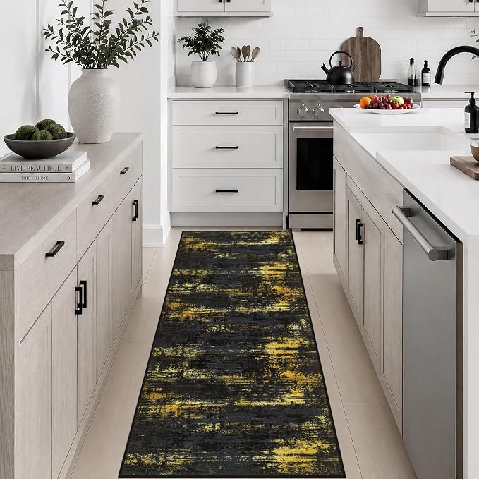 2x6 Washable Runner Rug：Modern Abstract Soft Carpet Black Gold | For Hallway, Bedroom, Kitchen, Laundry, Bathroom,Door Mat,Modern Abstract,Machine washable,Non-Slip,Stain Resistant,Indoor