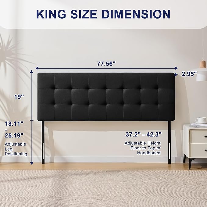 Linen Stitched Tufted King Headboard, Adjustable Height 37.2-42.3 in, Black | Wood Twin Headboard Only, Padded Support for Reading, Relaxing or Working in Bed, Stable Non-Slip Design, Fits Bed Frame