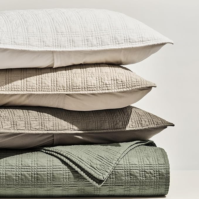 EVERGRACEHOME Cotton Sateen Windowpane Quilt Set King Size, Mocha Brown | 100% Cotton, Pre-Washed Soft Coverlet Bedspread, 3-Piece Lightweight Bedding Set for All Season, with 2 Pillow Shams