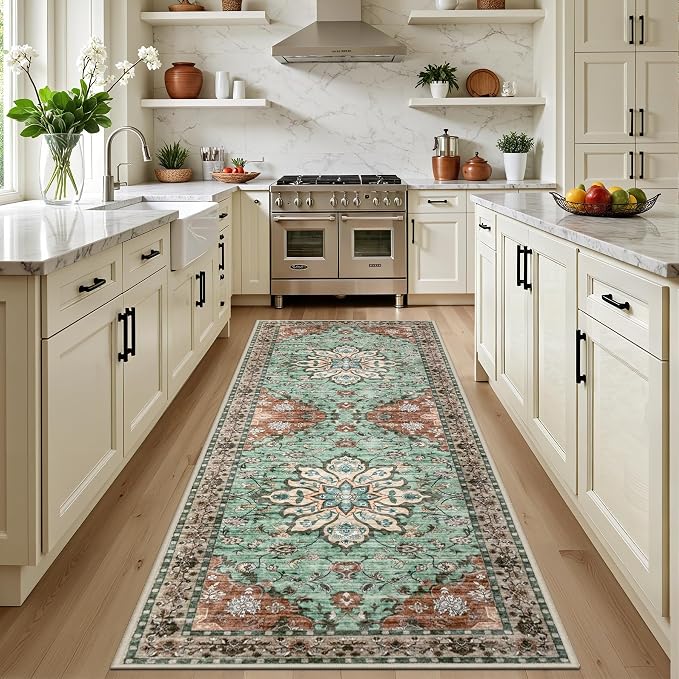 Hallway Runner Rug: 2.6x8 Kitchen Rugs for Living Room Brown Green | Runner Rug Hallway Washable Rug No Slip Soft Bedroom Rug Indoor Floor Stain Resistant Carpets for Entryway, Laundry, Bathroom