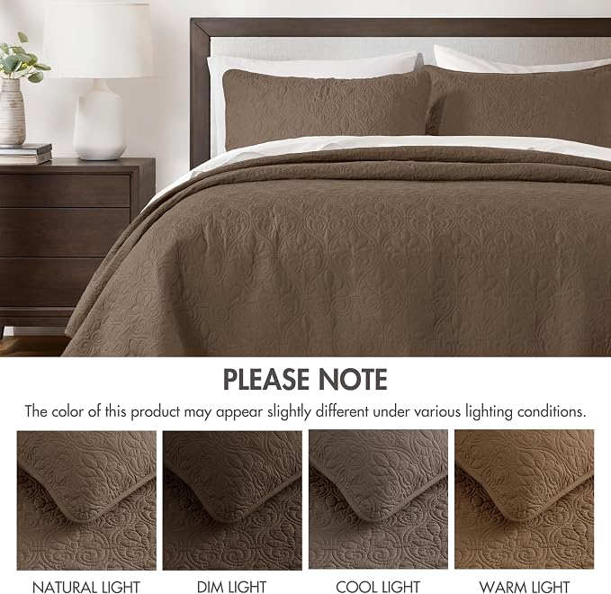 Madison Park Luxurious Cotton Damask Quilt Set, 3PC Full/Queen Bed Set | All Season, Lightweight Stitching Coverlet Bedspread Bedding Stitching with Shams, Mocha
