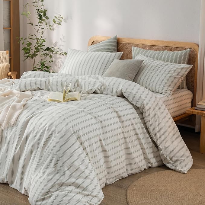 BESTOUCH Striped Cotton Duvet Cover Set Linen Feel Super King | 100% Washed Cotton, Soft Wrinkle Texture, Hidden Zipper, 8 Ties, Breathable Lightweight Durable Comfy, 3 Pcs No Insert