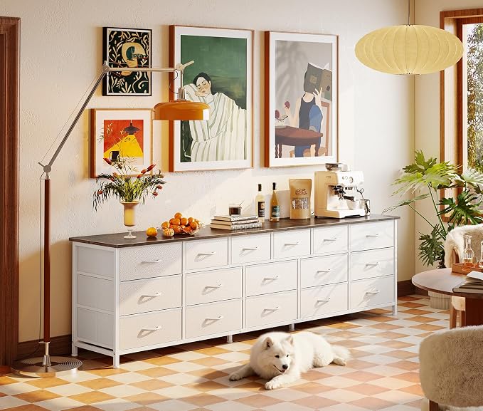 Huuger 77.6" Long Dresser for Bedroom, 16 Drawer Fabric Dresser for Closet, Wide Chest of Drawers with Storage, TV Stand for 65, 75, 85 Inch TV, 77.6" W x 13" D x 26.4" H, Farmhouse White