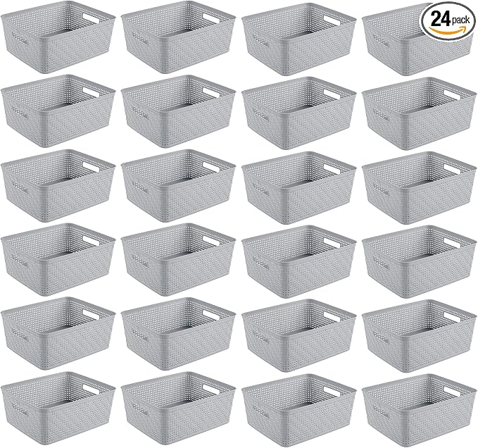 Sterilite 24 Pack Plastic Storage Bin Organization Containers, Short Baskets, Cement