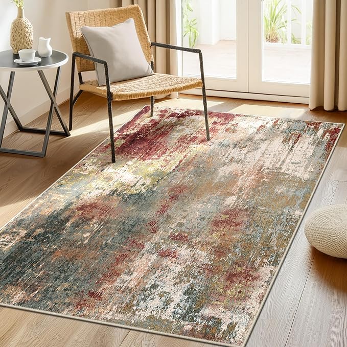 RELEANY Washable 3'x5' Abstract Area Rug for Living Room Rustic Brown | Carpet for Bedroom, Kitchen, Office, Hallway and Entryway, Printed Pattern, Non‑Slip, Soft, Stain‑Resistant, Easy to Clean