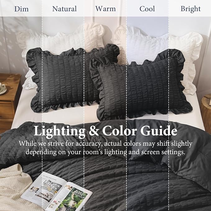 JOLLYVOGUE Black Comforter Full Size, 3 Pieces Seersucker Lightweight Full Size Bedding, All Season Fluffy Microfiber Bedding Comforter Set with 1 Ruffle Comforter and 2 Ruffle Pillowshams