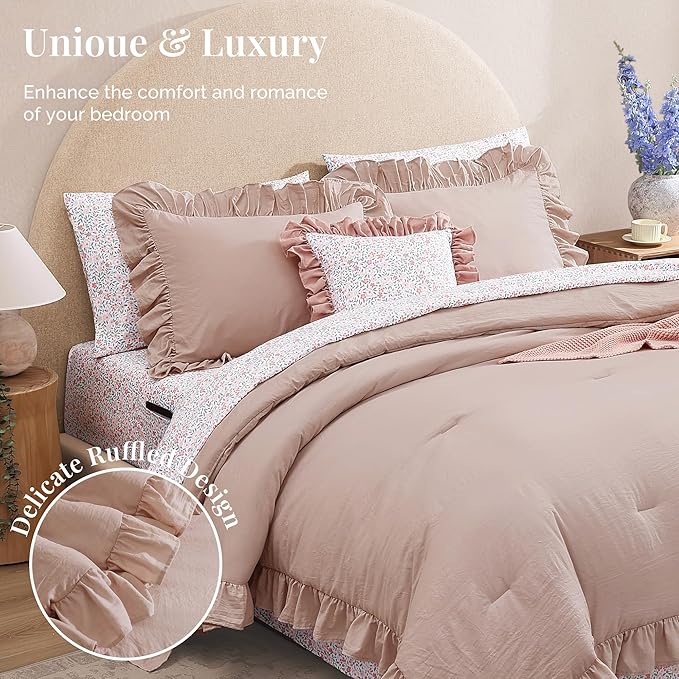 Queen Comforter Set-7 Pieces Ruffle Bedding with Floral Sheet | Pink Bed in a Bag, Soft Lightweight All Season Farmhouse Queen Bedding Sets with Floral Sheets, Pillowcases & Shams
