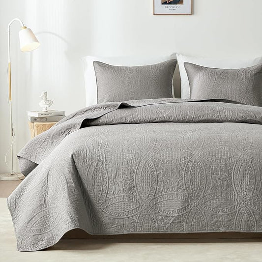 akkialla Twin Quilt Bedding Set,Grey Ultrasonic Quilt Set,Lightweight Soft Bedspread Coverlet,Modern Style Coin Pattern Bed Cover for All Seasons,2 Piece(1 Quilt,1 Pillow Sham)