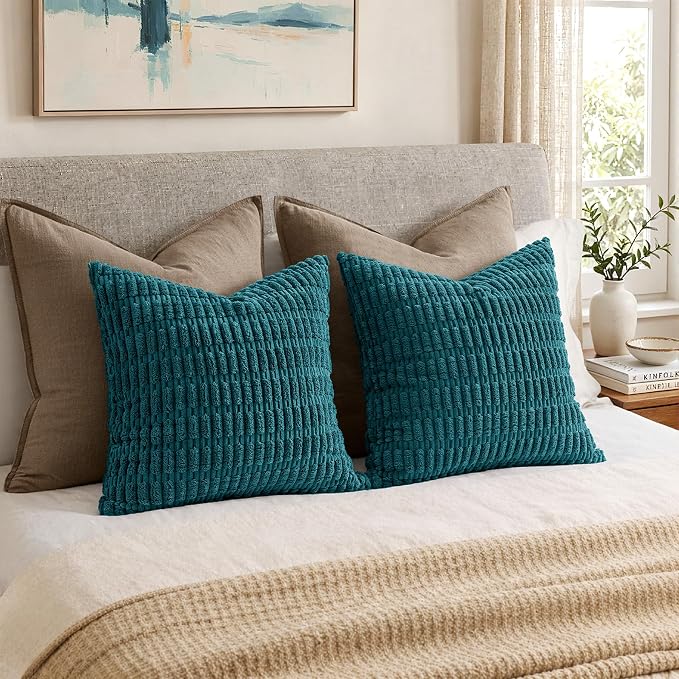 MIULEE Corduroy Decorative Throw Pillow Covers 16x16 Teal Pack of 2 | Soft Boho Striped Pillow Covers Modern Farmhouse Coastal Home Decor For Sofa Living Room Couch Bed