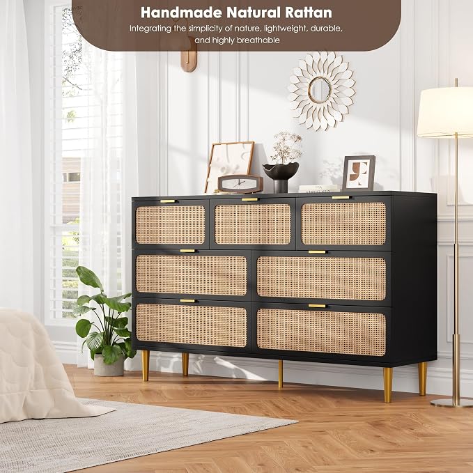 GarveeHome Rattan 7 Drawer Dressers for Bedroom, Deep Drawer, Black | Tall Dresser, Wide Top, for Living Room, Hallway, Kids Room, Large Chest of Drawers for Closet, Long Wooden Dresser