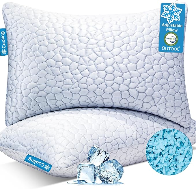 QUTOOL Cooling Memory Foam Pillows Queen Set of 2, Adjustable Shredded Memory Foam,Bed Pillows for Sleeping with Breathable Washable Cover, Designed for Side & Back Sleepers, Adjustable Loft