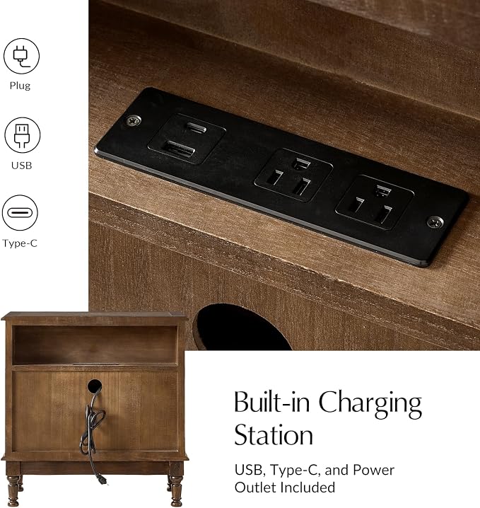 HULALA HOME Solid Wood End Table Set of 2 with Charging Station, 3 Drawer End Table with Pull-Out Tray, USB & Type-C Ports, Traditional Curved Front Accent Side Table for Living Room Sofa, Walnut