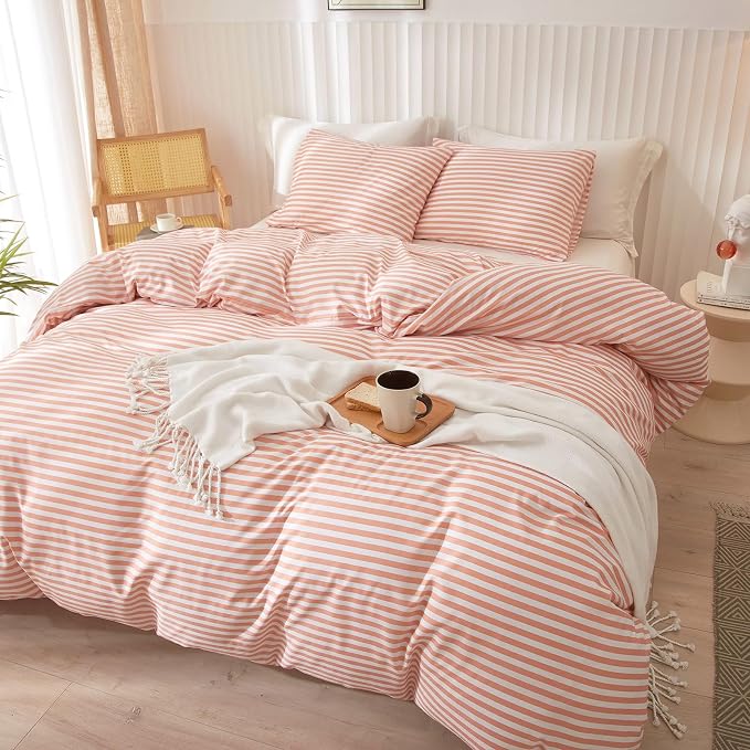 Striped Comforter Set Queen Size Fluffy Soft Striped Bedding Comforter Pink White Stripes Pattern Queen Comforter for All Season Lightweight Bedding Comforter 3 Pieces Boho Stripe Comforter Set