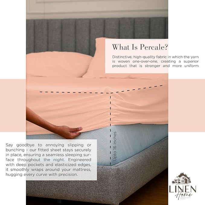 Linen Home 100% Cotton Percale Sheets Twin Size,Tropical Peach, Deep Pocket, 3 Pieces Set - 1 Flat, 1 Deep Pocket Fitted Sheet and 1 Pillowcase, Crisp Cool and Strong Bed Linen