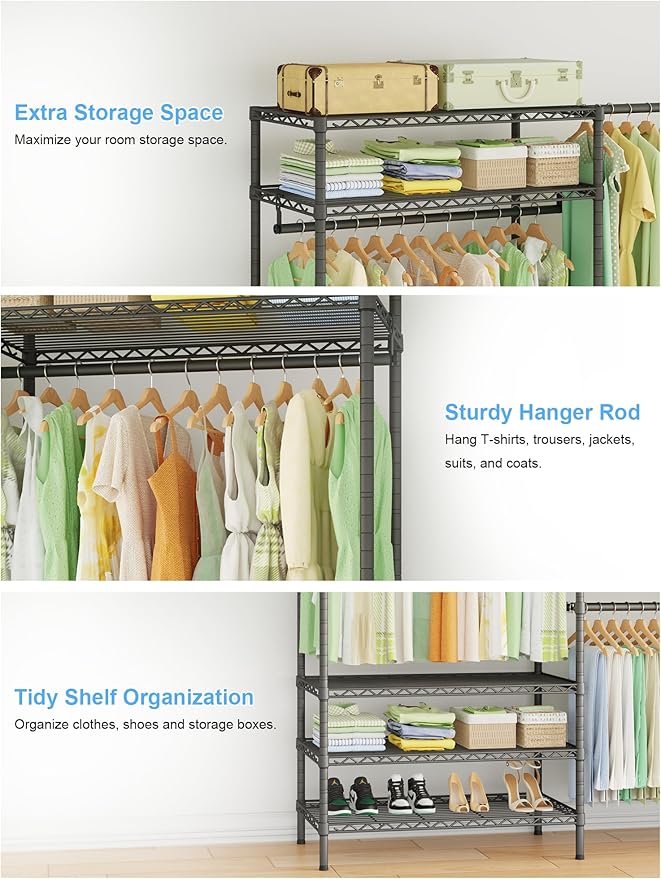 Ulif E11 Heavy-Duty Garment Rack, Metal Clothes Rack, Load 1034lbs, Black | Freestanding Expandable Closet Storage Organizer System with 8 Shelves and 4 Hanger Rods, (73.2-97.6)"W x 14.5"D x 71.2"H