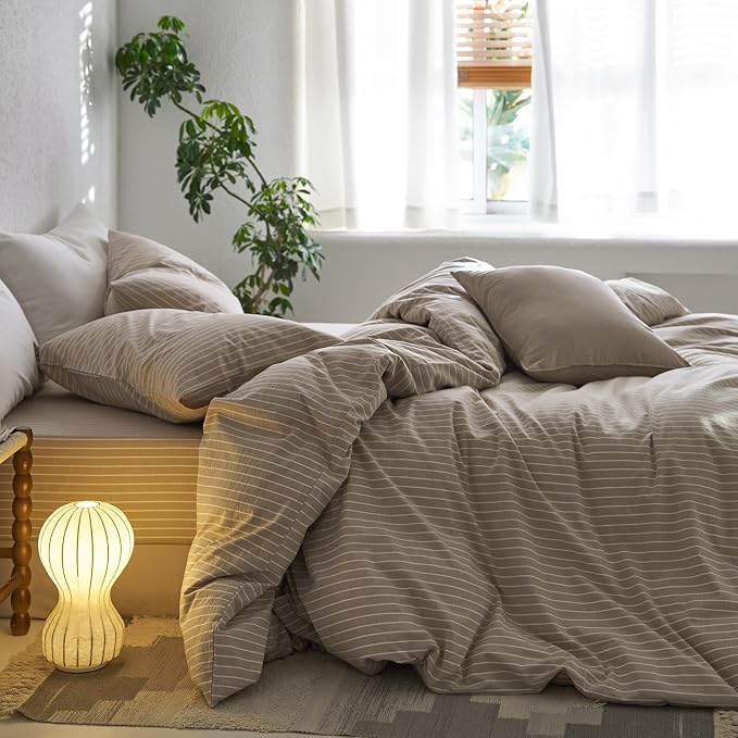 MooMee Striped Duvet Cover Set 100% Washed Cotton Linen Like Super Queen | Relaxed Linen-like Texture. Soft, Breathable & Long-lasting Comfort. Lightweight. Hidden Zipper with 8 Interior Corner Ties