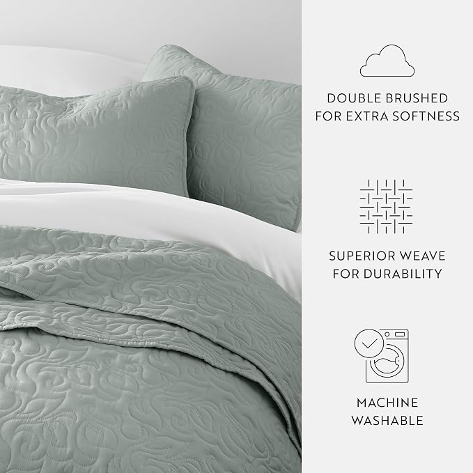Merit Linens Modern Quilt Coverlet Soft Set in Floral Stitching - Full/Queen Eucalyptus