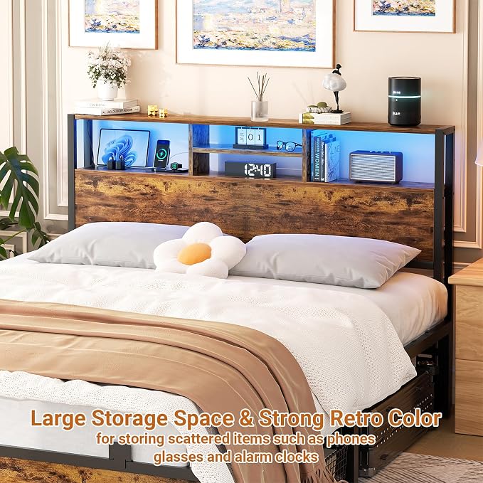 Aheaplus Headboard for Queen Size Bed with Storage, Headboards with Outlets | Queen Size Head Board Only, USB Ports and LED Light, Height Adjustable, Reversible, Sturdy and Stable Headboard, Rustic Brown