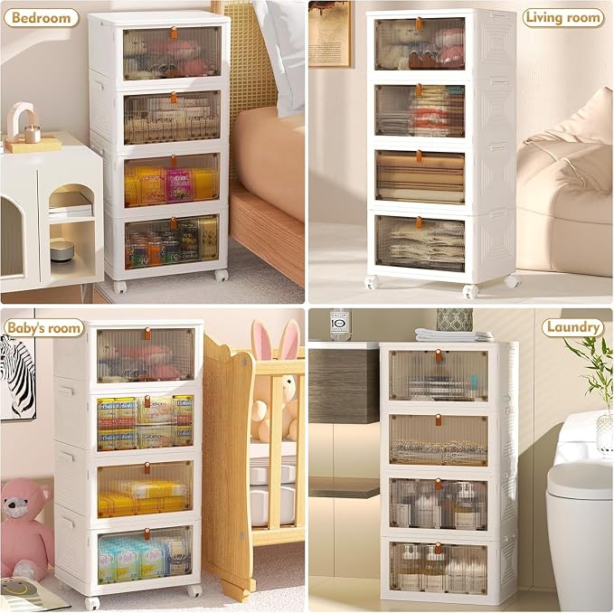 YFXCVSL 4 Tier Plastic Storage Bins with Lid 23QT, Stackable Storage Bins | Plastic Storage Bins with Wheels, Folding Storage Boxes, Organizers and Storage for Living Room,Office,Dorm