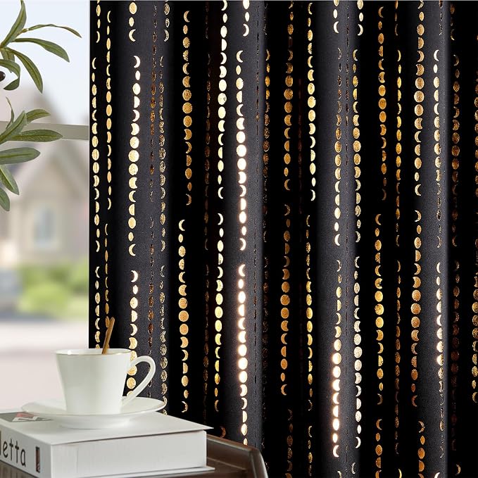 jinchan Boho Blackout Curtains 63 Inch Length Moon Phase Printed Drapes | Gold on Black Farmhouse Curtain for Bedroom Living Room Back Tab Rod Pocket Drapes Room Darkening Window Treatment 2 Panels