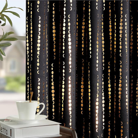 jinchan Boho Blackout Curtains 63 Inch Length Moon Phase Printed Drapes | Gold on Black Farmhouse Curtain for Bedroom Living Room Back Tab Rod Pocket Drapes Room Darkening Window Treatment 2 Panels