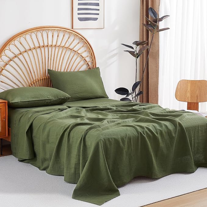 100% Linen Sheets Set King Size, Natural Pure Flax 4 Piece Bed Sets, 16" Deep Pocket, Breathable Cooling Bed Soft Durable Bedding, Machine Washable (Mossy Green,King)