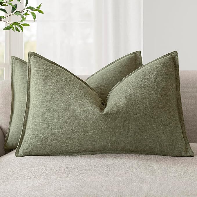 Foindtower Decorative Linen Lumbar Throw Pillow Covers 12x20 Olive Branch | Pack of 2 Boho Farmhouse Pillowcase,Accent Neutral Solid Cushion Covers,Morden Home Decor for Couch Sofa Bedroom Living Room