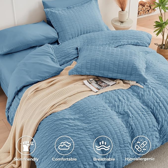 HYMOKEGE Mineral Blue Oversized Queen Comforter Set Seersucker 7 Pieces, All Season Luxury Bed in a Bag for Bedroom, Bedding Set with Comforter, Sheets, Pillowcases & Shams